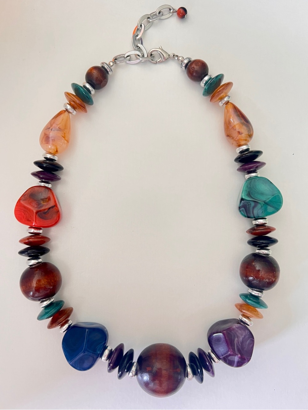 Chunky Boho Multicolor Wood & Acrylic Bead Statement Necklace Faux Stone